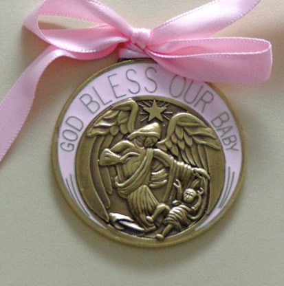 Pink enamel & bronze engravable personalized Crib Medal baptism gift
